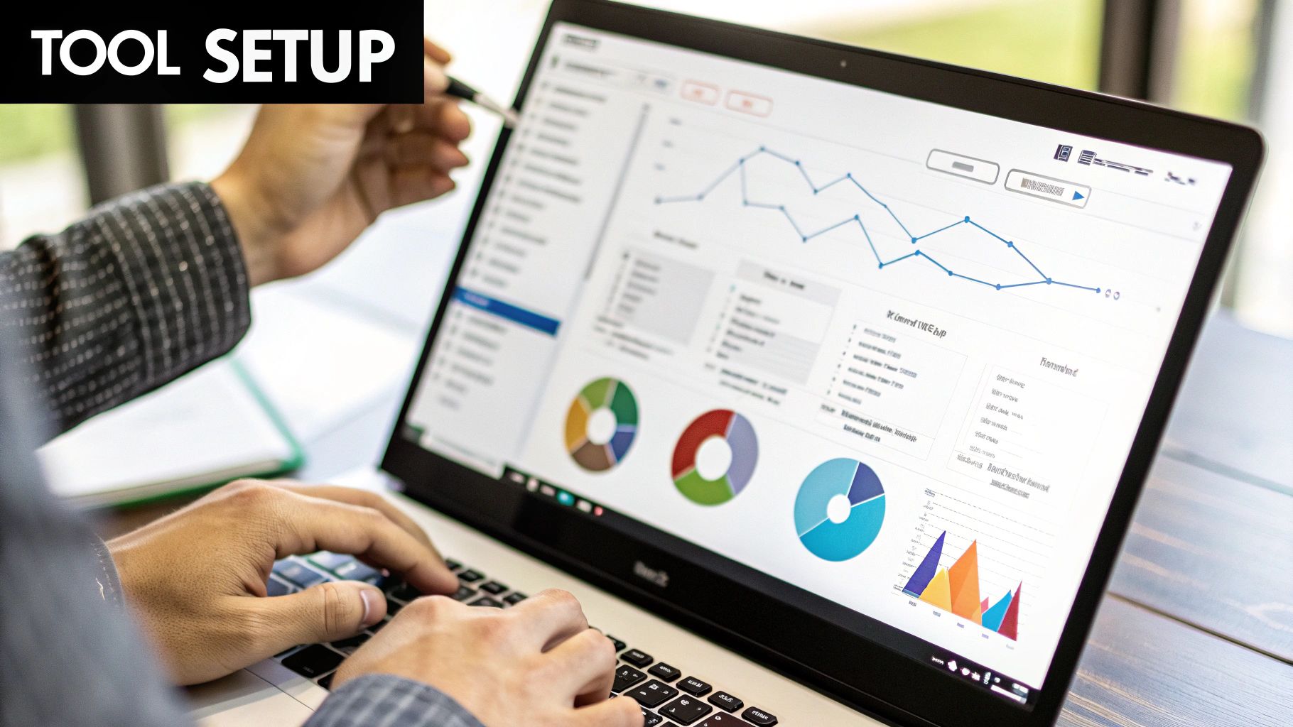 Close-up of hands typing on a laptop displaying data analysis charts and 'TOOL SETUP' text.