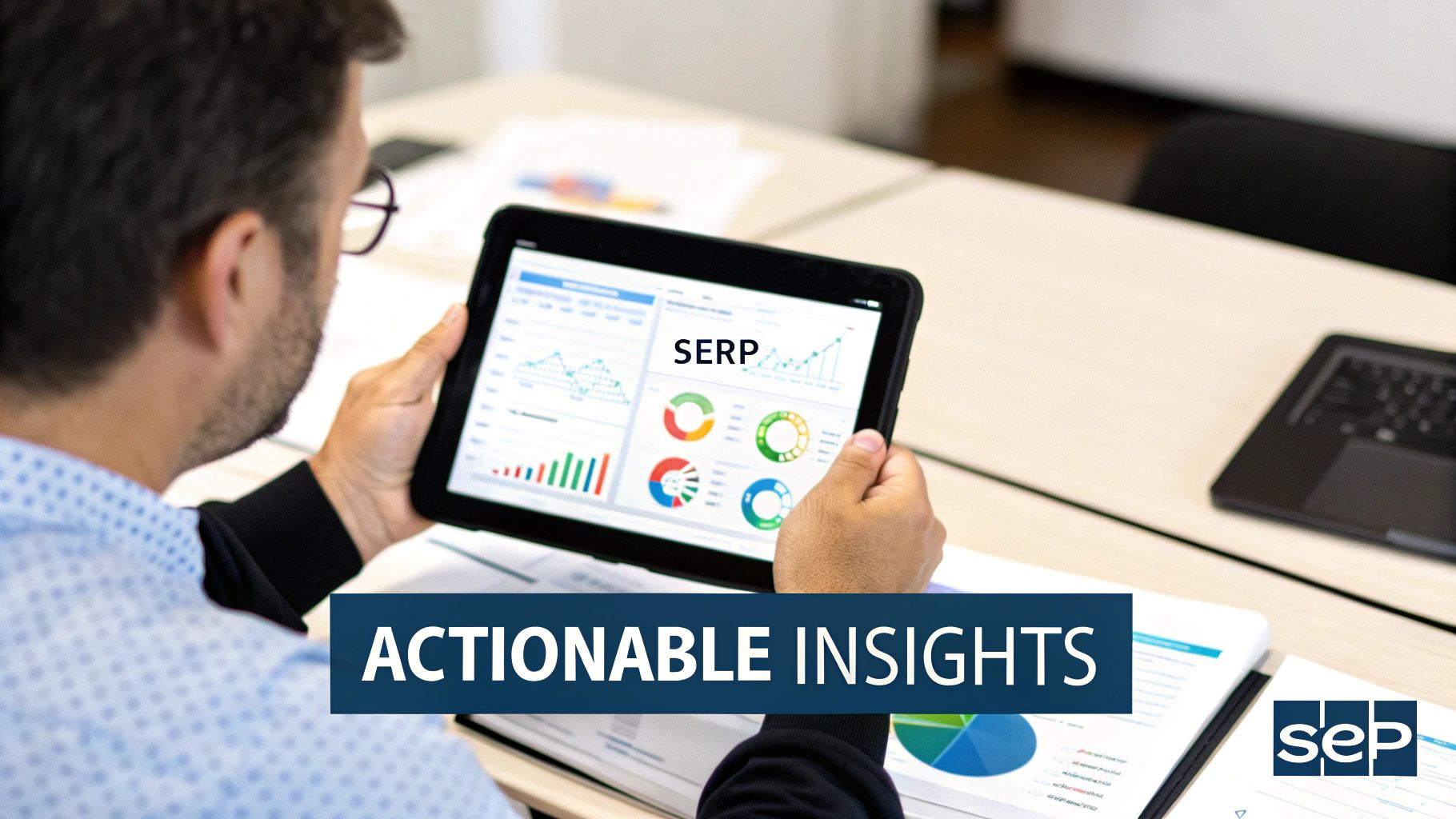 A man studies a tablet displaying SERP analytics and actionable insights in an office setting.