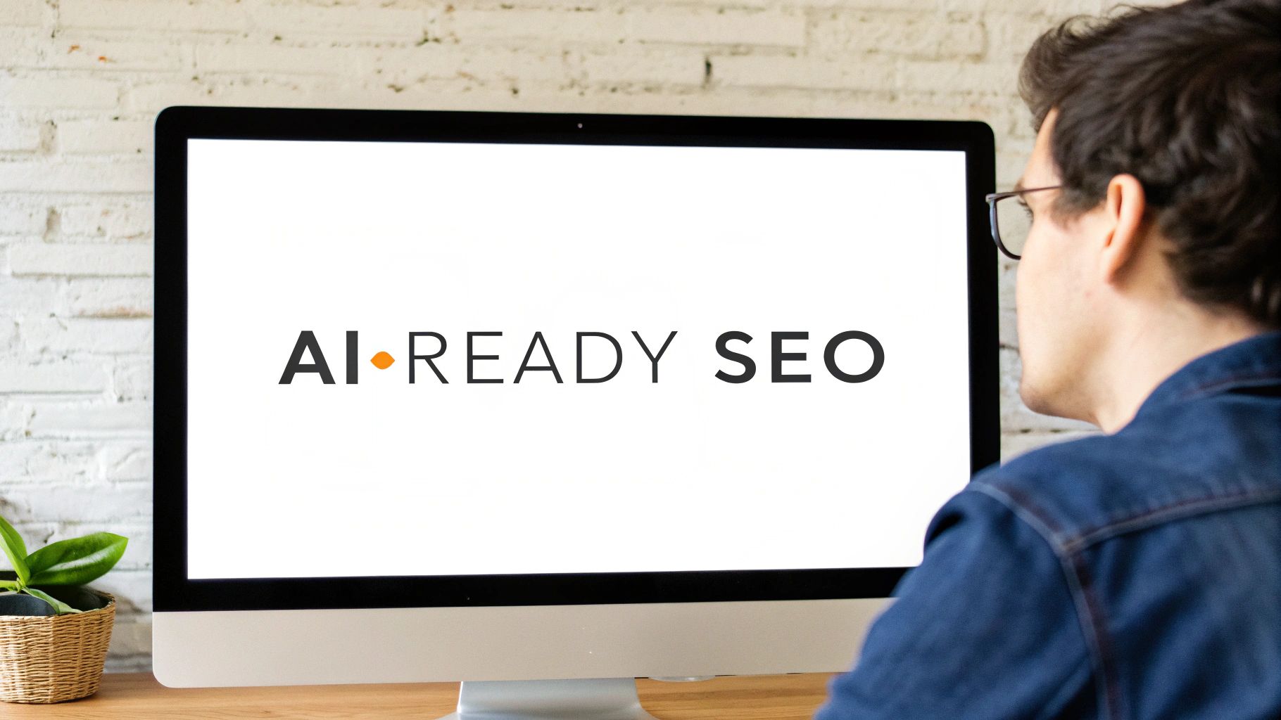A person in glasses and a denim shirt looking at a computer screen displaying “AI•READY SEO”.