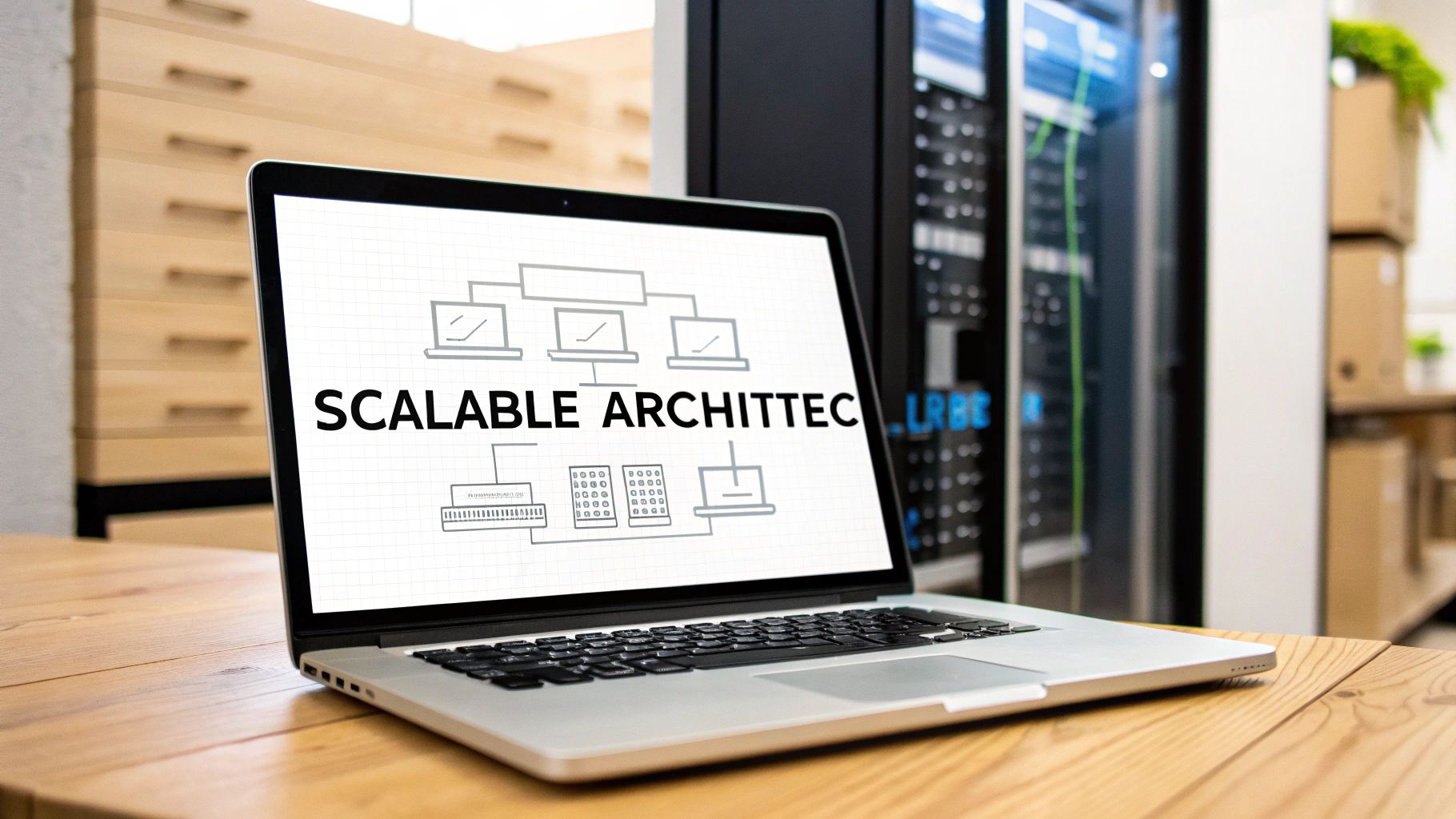 Laptop screen displays a scalable architecture diagram in a modern data center environment.