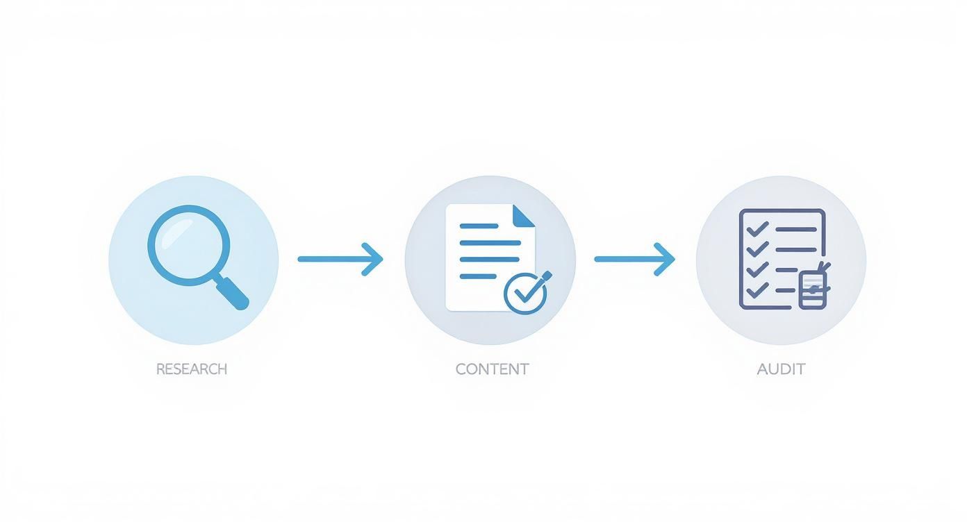 A visual process flow showing Research, Content creation, and Audit steps with relevant icons.