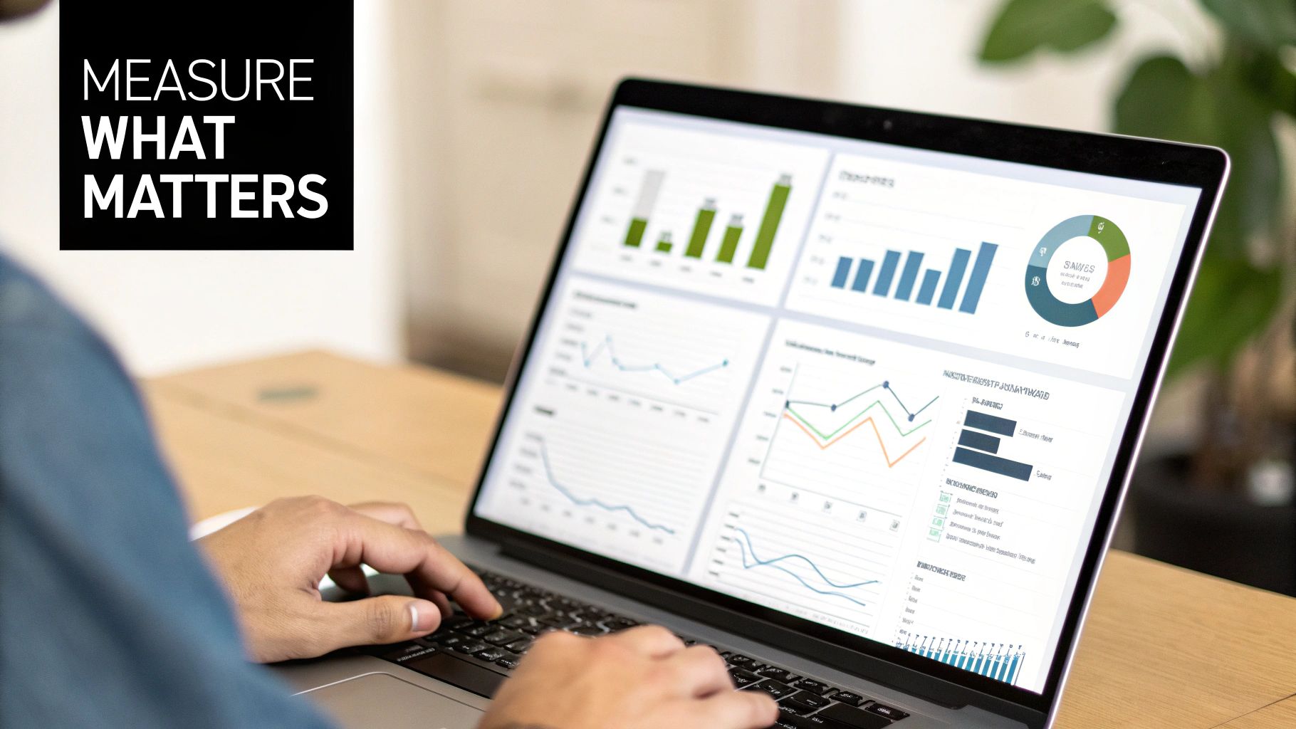 A person types on a laptop displaying a business analytics dashboard with various charts and graphs, alongside a text box 'MEASURE WHAT MATTERS'.