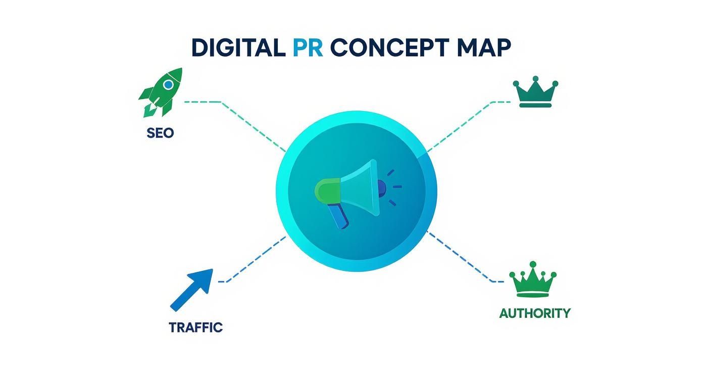 Digital PR concept map illustrating connections between SEO, Traffic, Authority, and a megaphone.