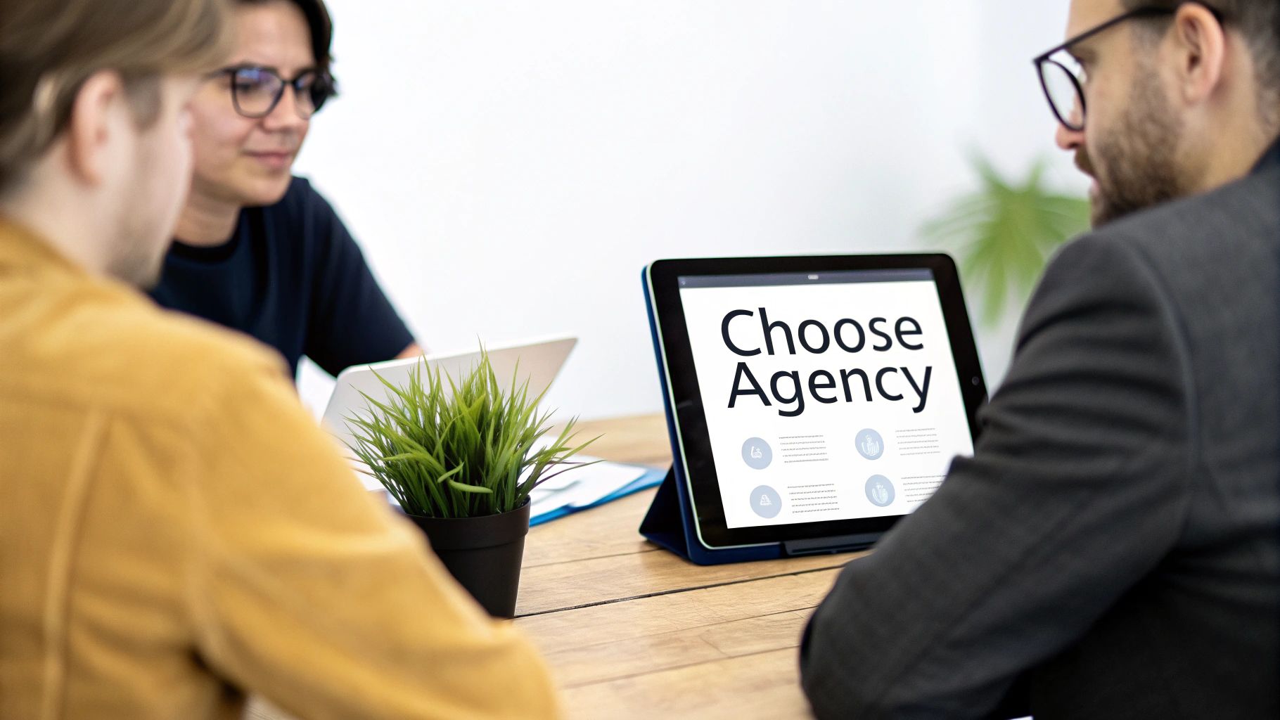 Three professionals discussing options, with a tablet displaying 'Choose Agency' at a business meeting.
