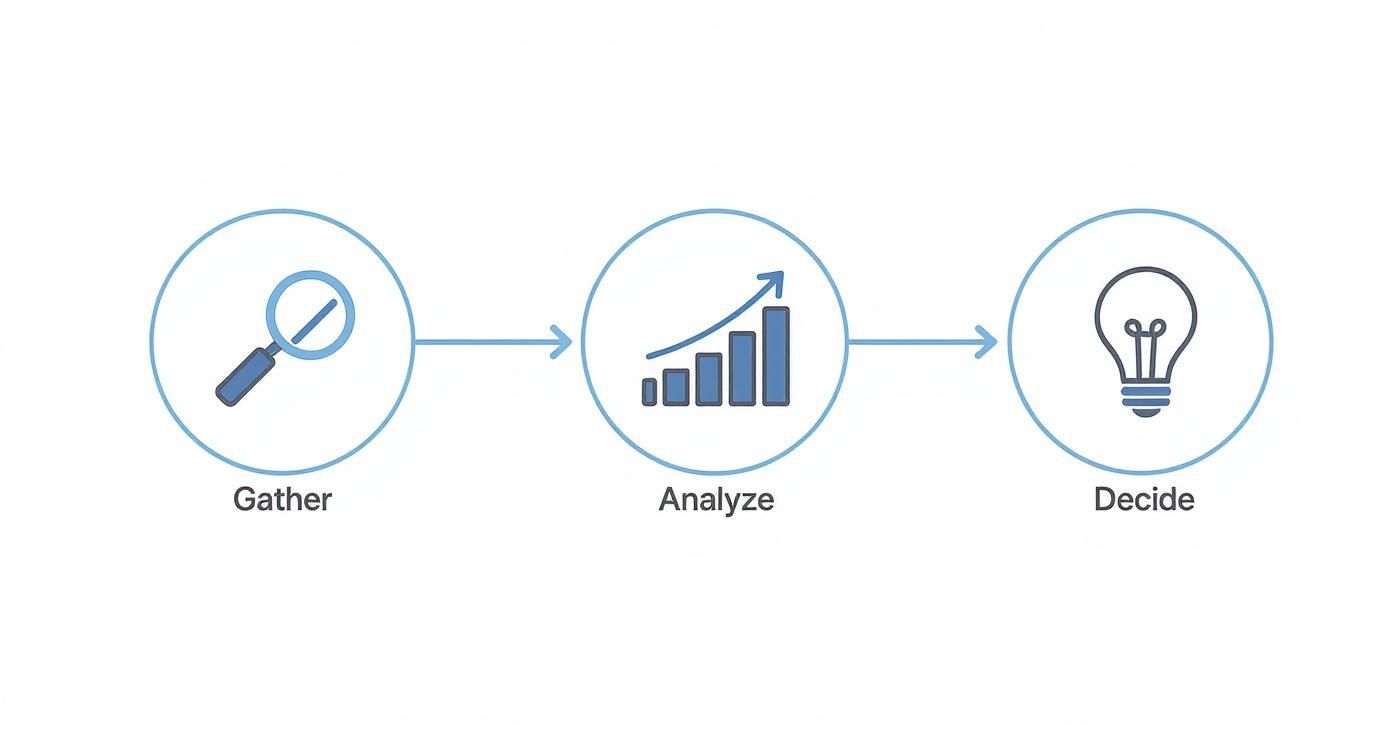Infographic illustrating a three-step data process: gather, analyze, and decide, with corresponding icons.