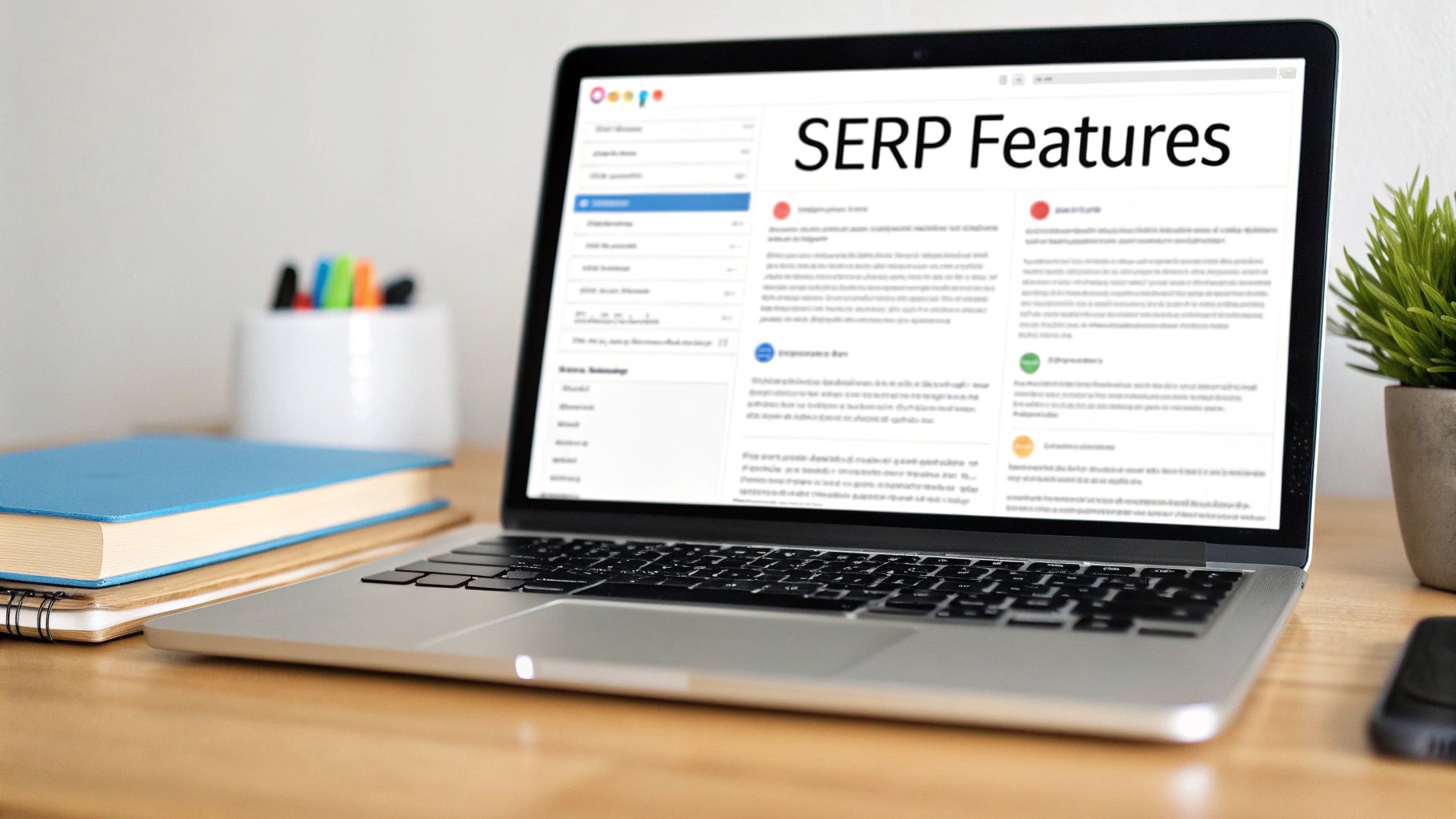 A laptop on a wooden desk displays 'SERP Features' with office supplies and books.