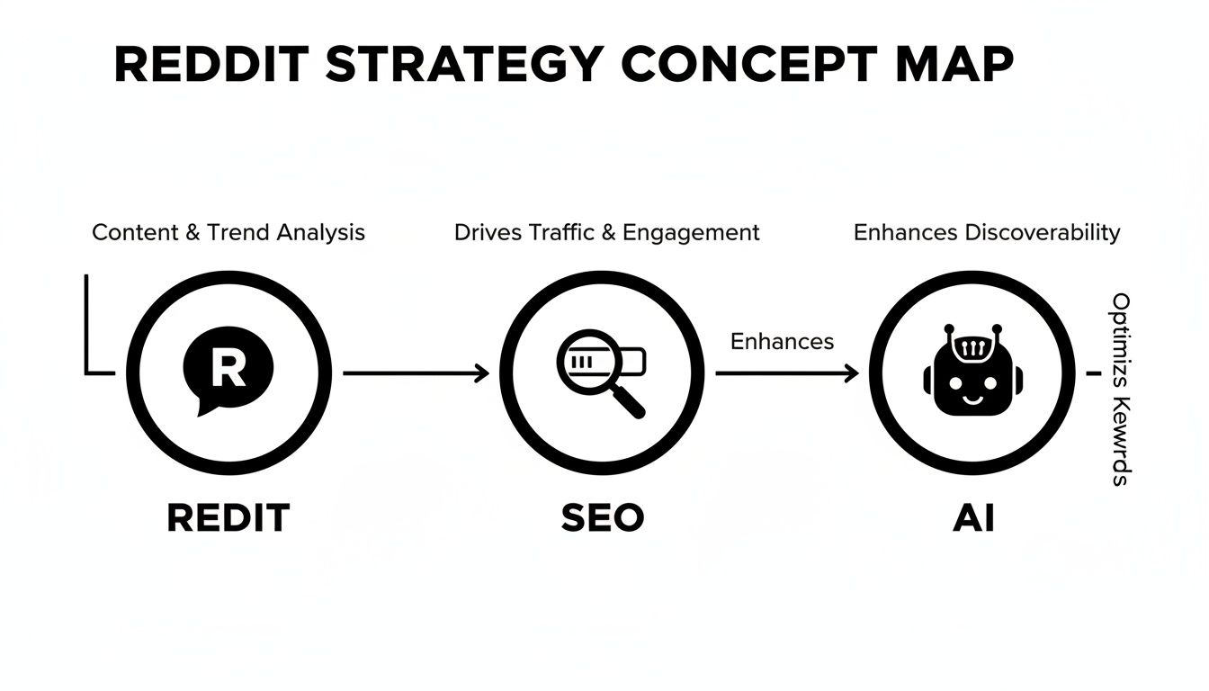 Reddit strategy concept map illustrating the flow from content analysis to SEO and AI for keyword optimization.