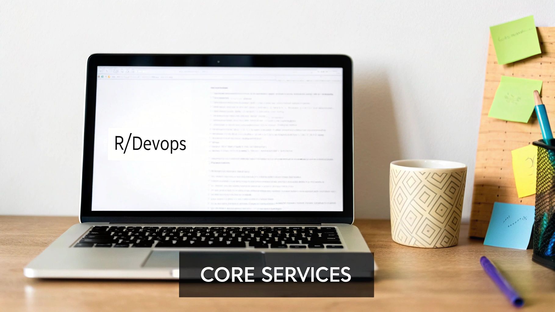 A laptop displaying 'R/Devops' and 'Core Services' on a modern desk with a mug and sticky notes.