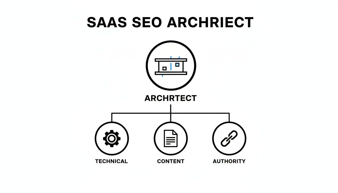 A diagram illustrating SaaS SEO architecture, broken down into technical, content, and authority.