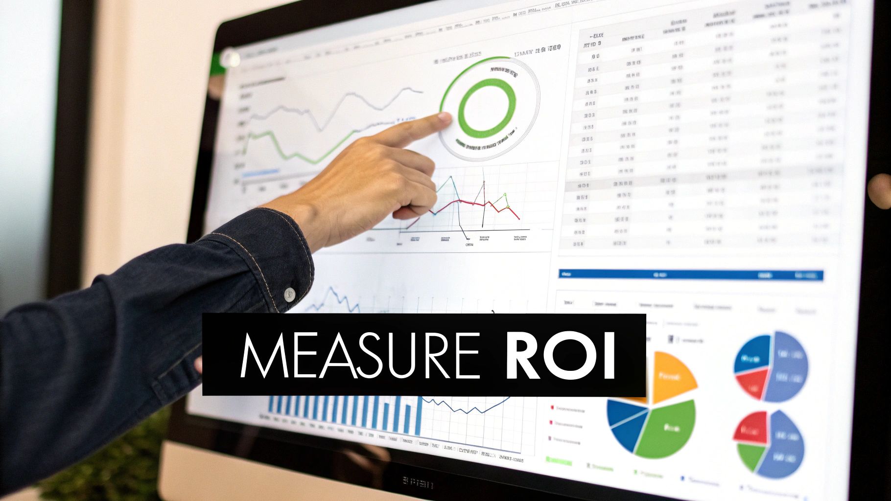 A hand points at a computer screen displaying business analytics, graphs, and 'MEASURE ROI' text.
