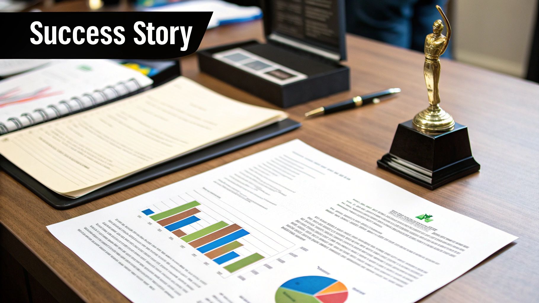 A success story office desk with business documents, graphs, a golden trophy, and a pen.