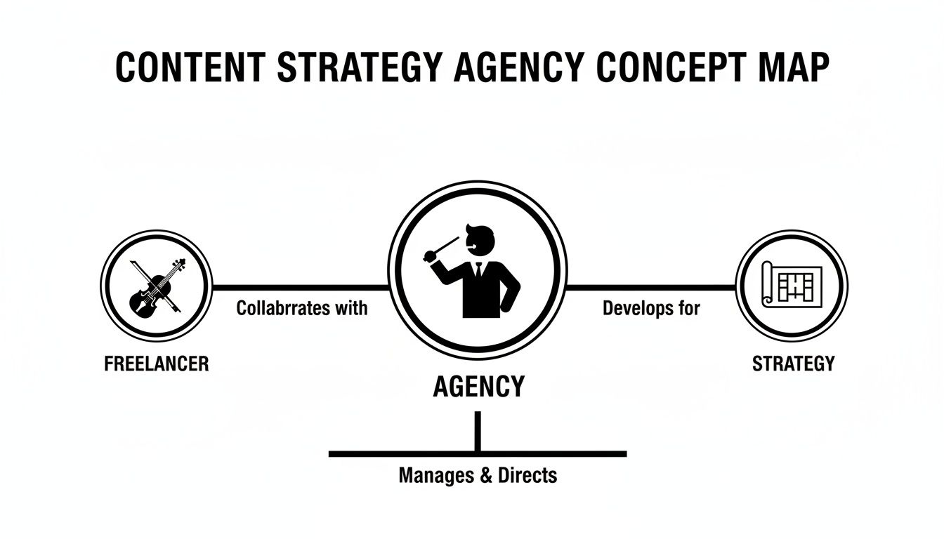 A black and white concept map outlining an agency's relationships with freelancers and strategy development.