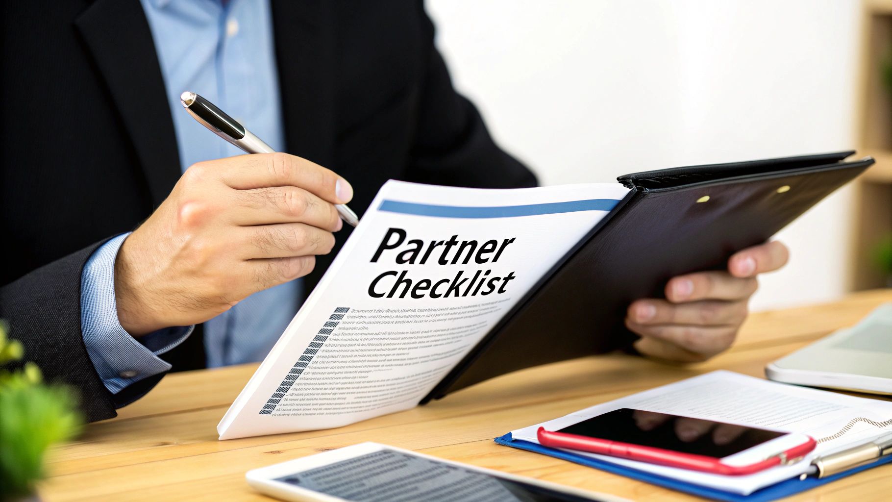 A business person in a suit reviewing a 'Partner Checklist' document with a pen on a wooden desk.