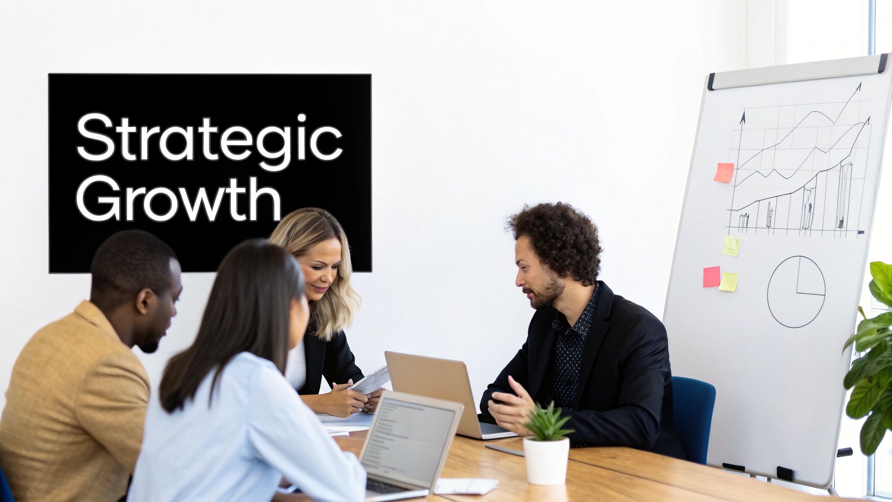 Diverse professionals in a bright meeting room discuss business strategies, with 'Strategic Growth' displayed on a screen.