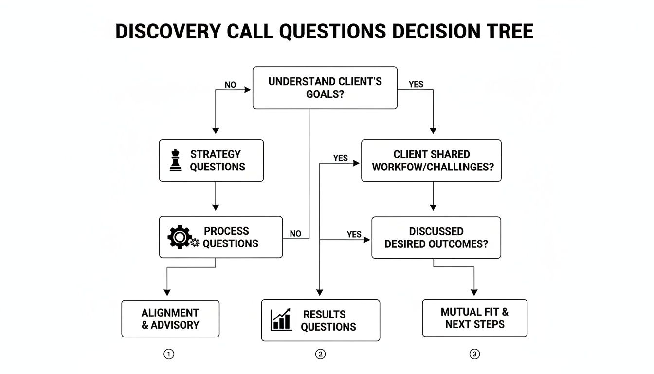 Discovery call questions decision tree, guiding sales conversations based on client responses.
