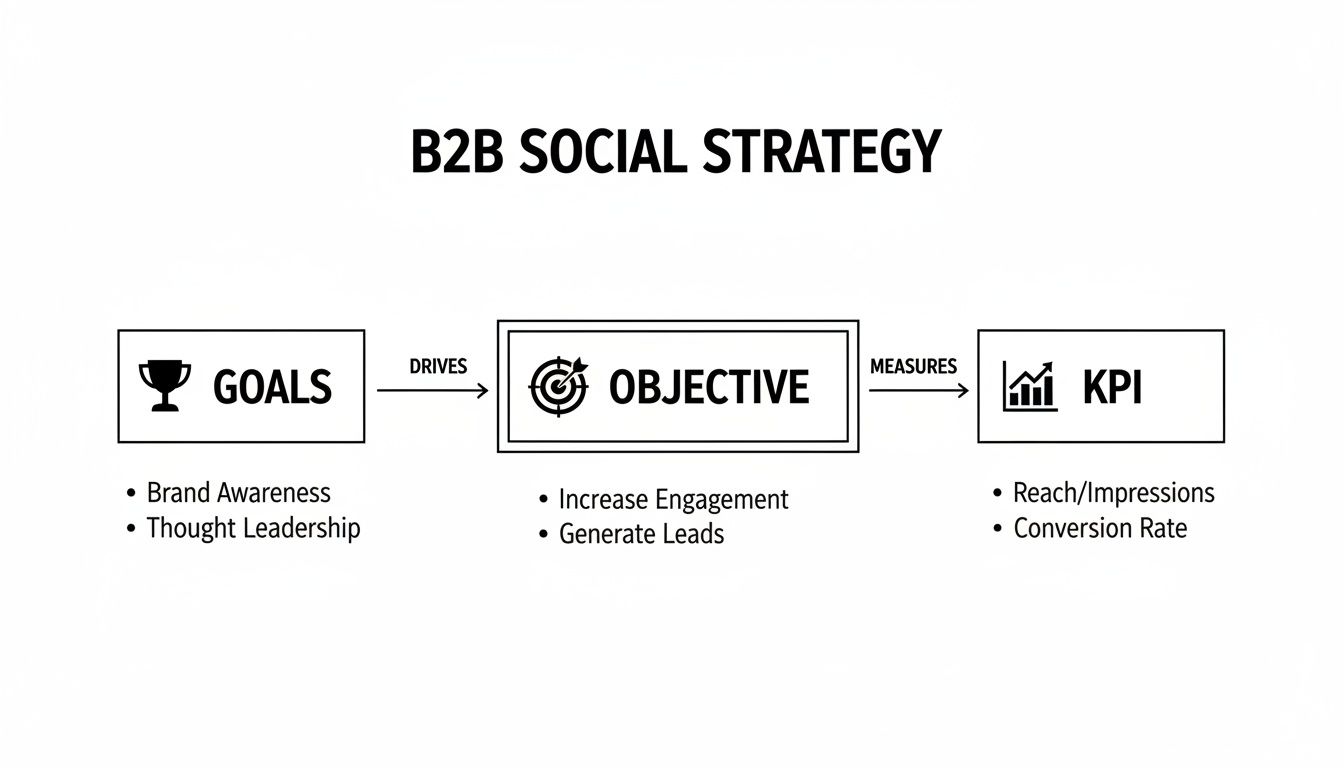 Flowchart outlining a B2B social media strategy with goals, objectives, and key performance indicators.
