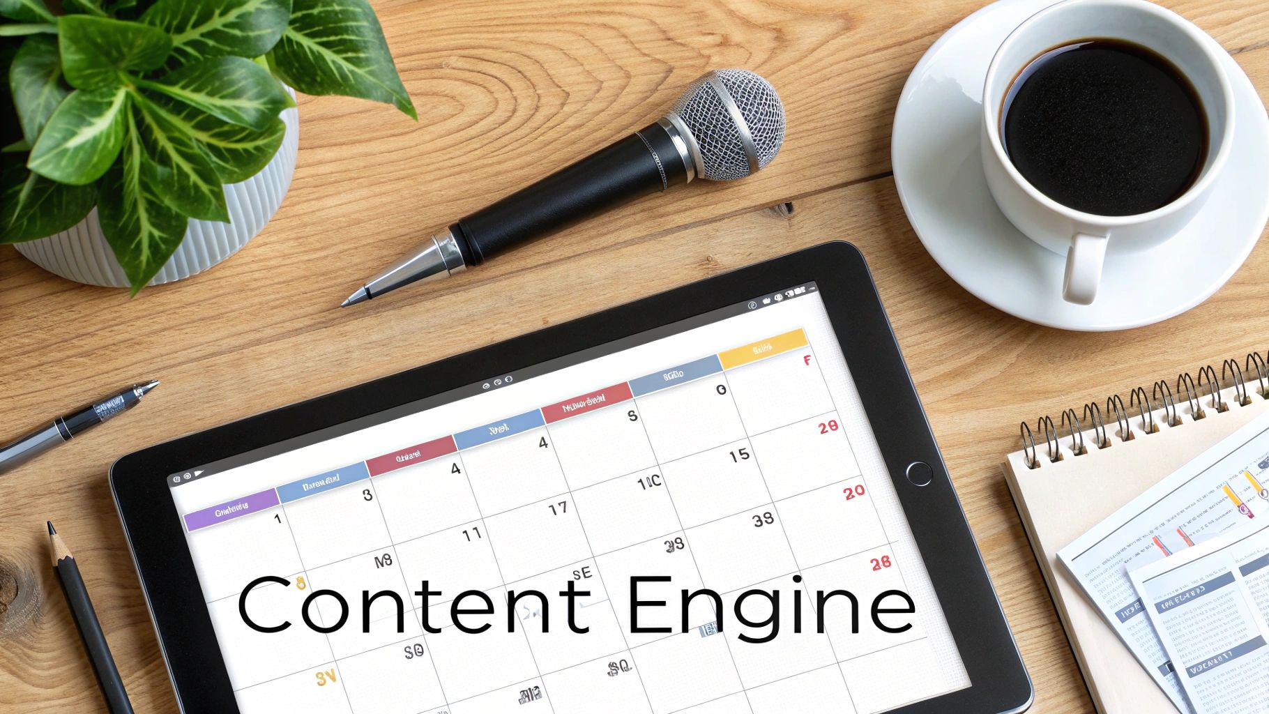 Flat lay of a content creator's desk with a tablet displaying a content calendar and microphone.
