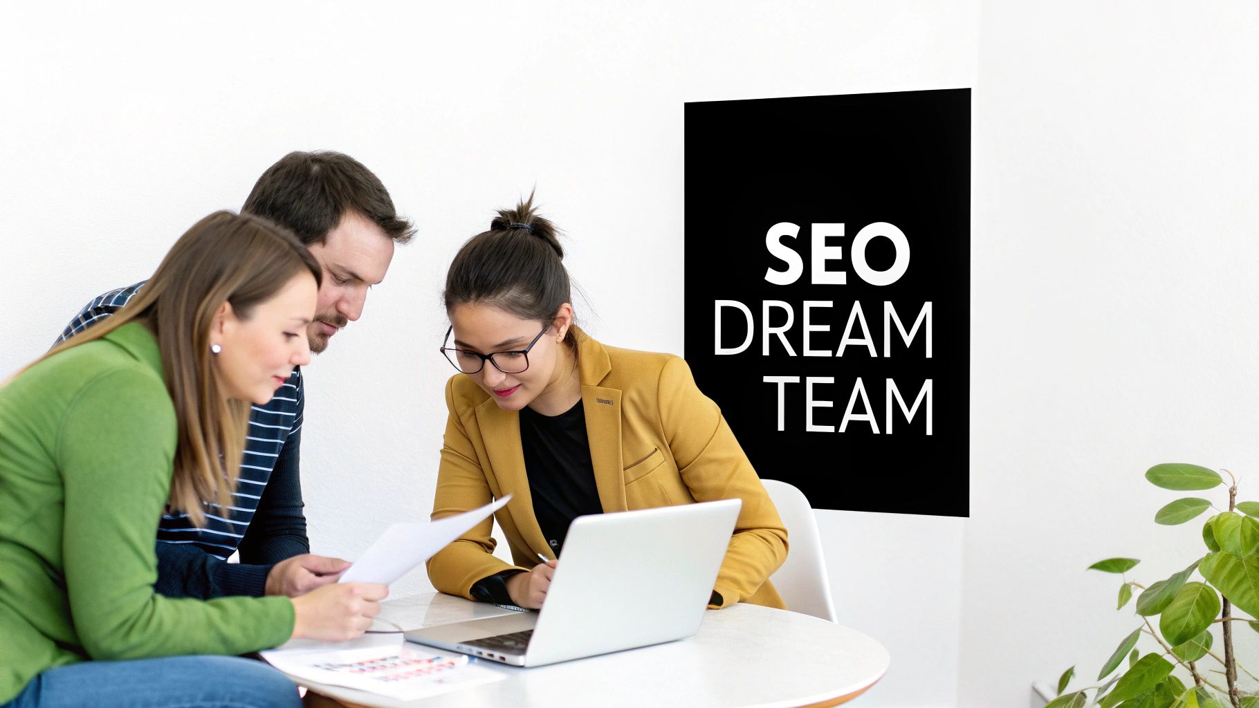 A three-person SEO dream team collaborating around a table with a laptop and papers.