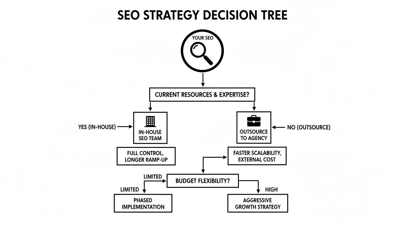 A decision tree outlining SEO strategy choices based on resources, expertise, and budget flexibility.