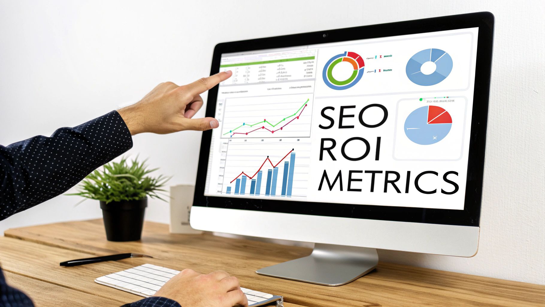 A person analyzing SEO ROI metrics on a computer screen, pointing at a graph on a wooden desk.