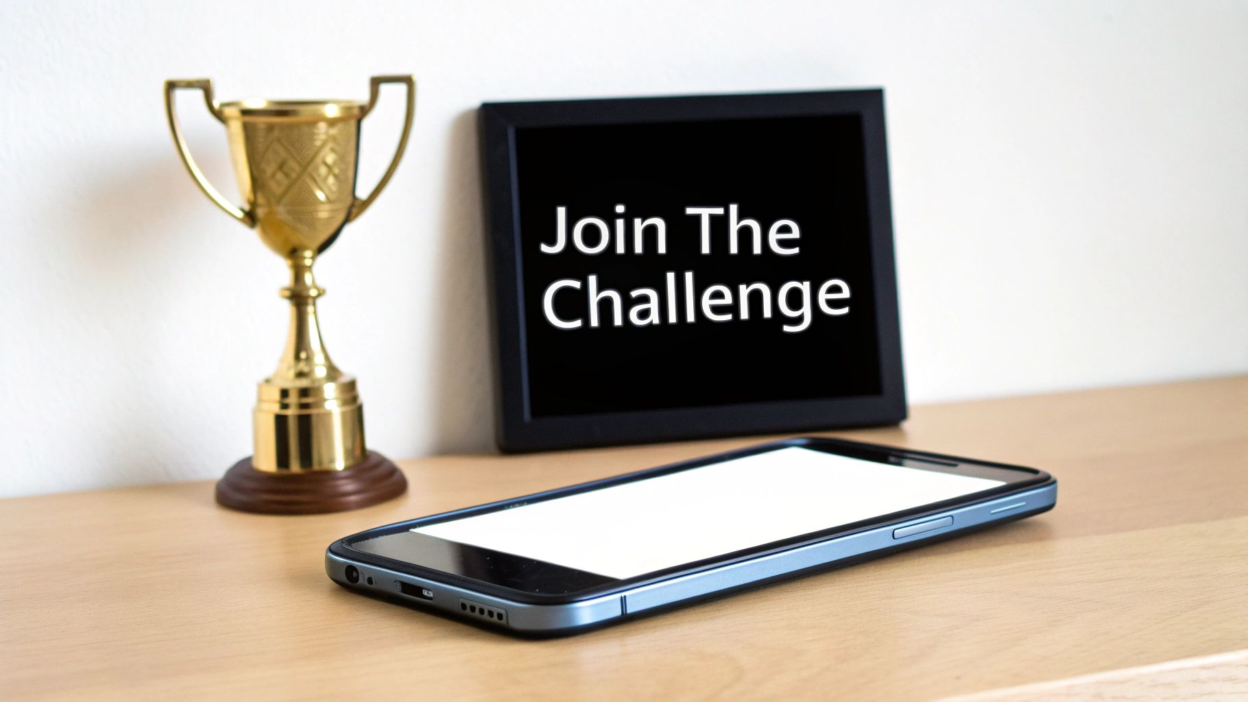 A golden trophy, a smartphone with a blank screen, and a 'Join The Challenge' sign.