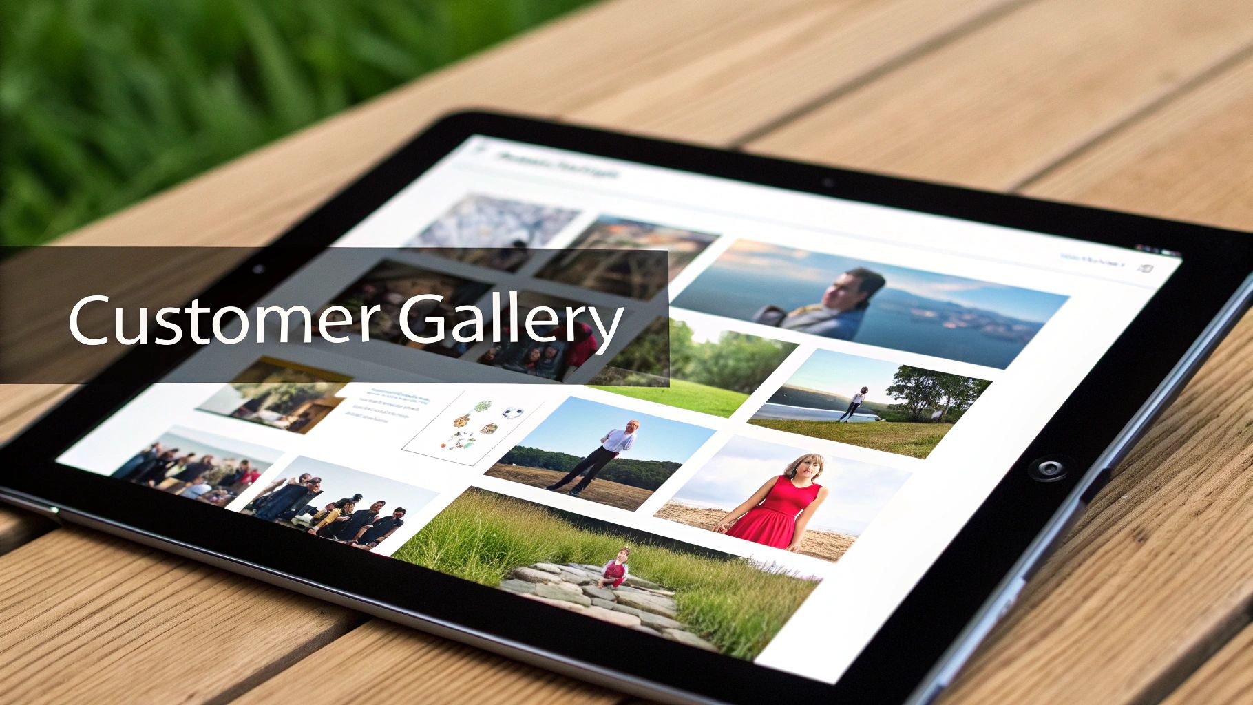 A black tablet displaying a 'Customer Gallery' of diverse photos on a wooden table, showcasing user-generated content.