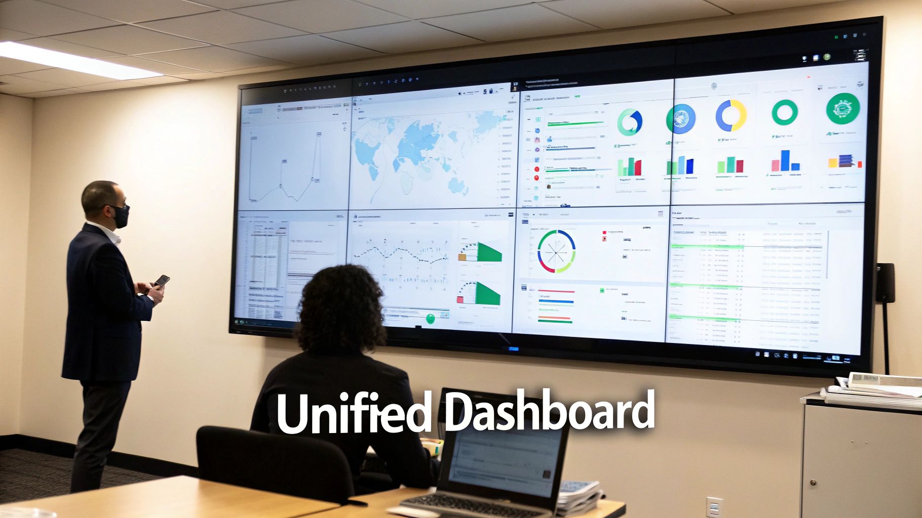 Two people analyze a large unified data dashboard displaying various charts and graphs on a wall.