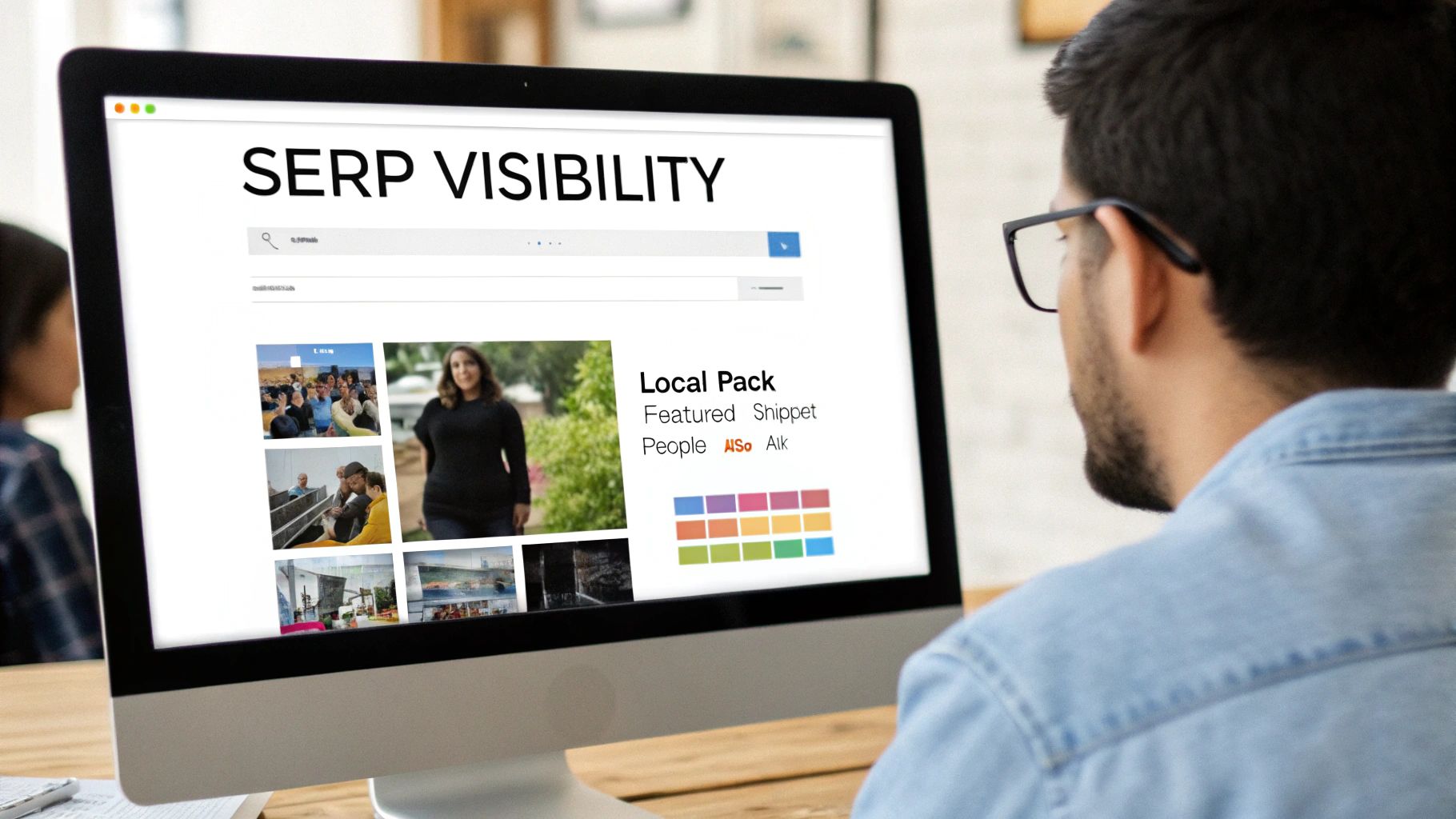 Man viewing a computer screen displaying SERP visibility, local pack, and featured snippets for SEO.