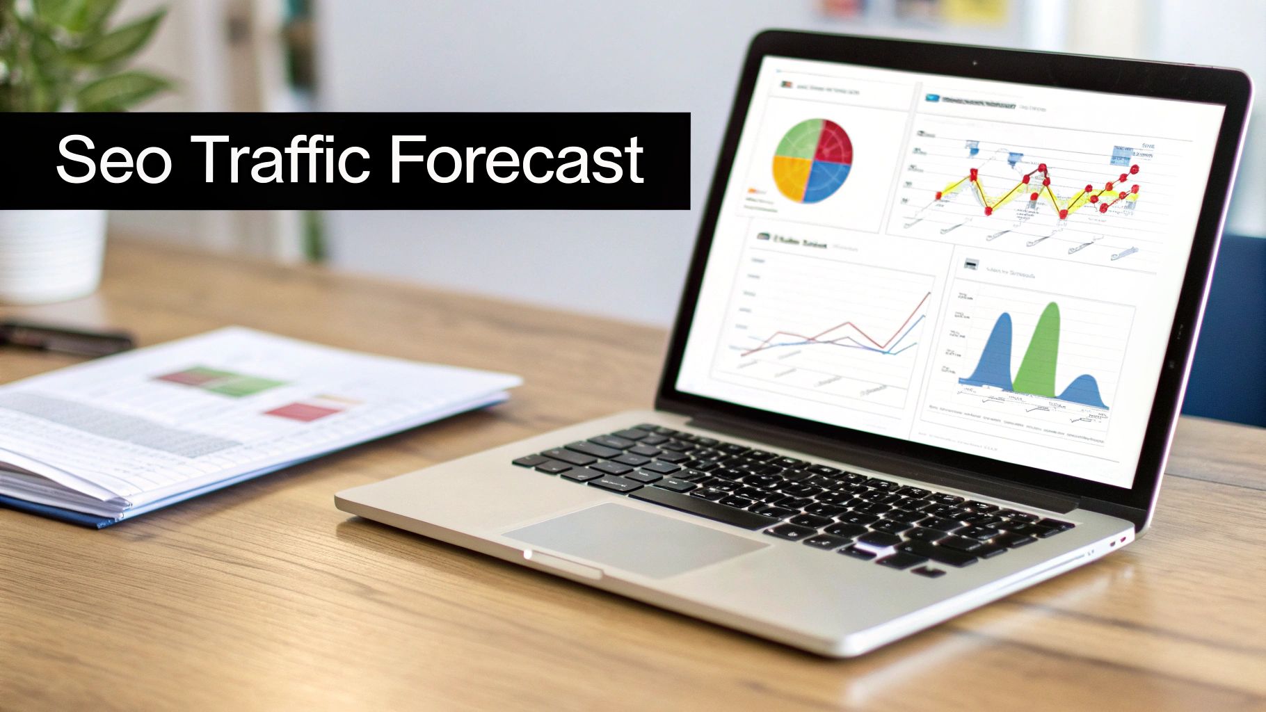 A laptop displaying SEO traffic forecast charts and graphs on a wooden desk with a document.
