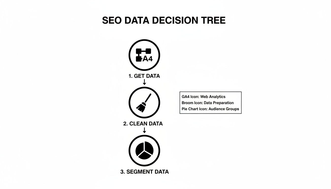 SEO data decision tree illustrating steps to get, clean, and segment data for analysis.