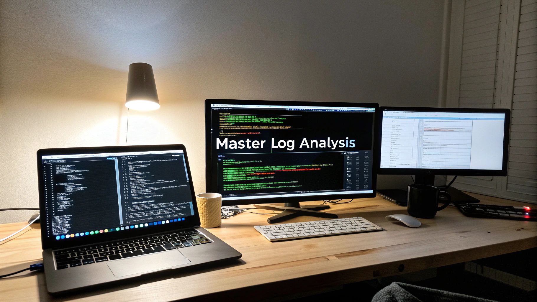 A dimly lit modern workspace featuring a laptop and two monitors, one displaying 'Master Log Analysis'.