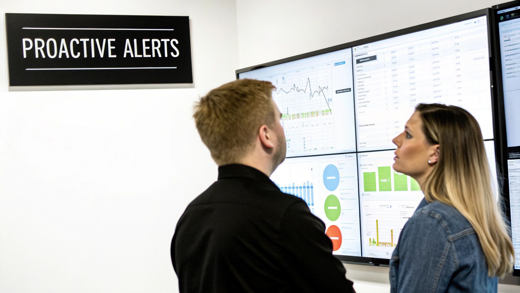 Two professionals analyze data visualizations on large screens with a 'PROACTIVE ALERTS' sign.
