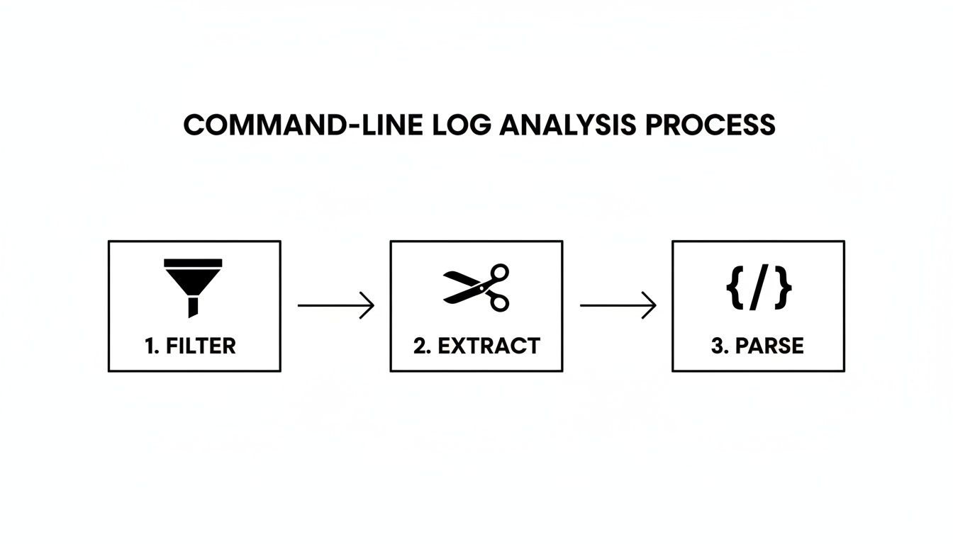 A diagram outlining a three-step command-line log analysis process: filter, extract, and parse.