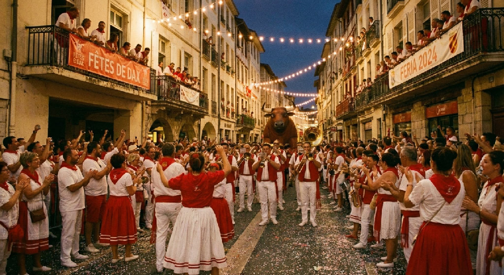 Menigte in witte en rode kleding tijdens een nachtelijke processie op de Fêtes de Dax