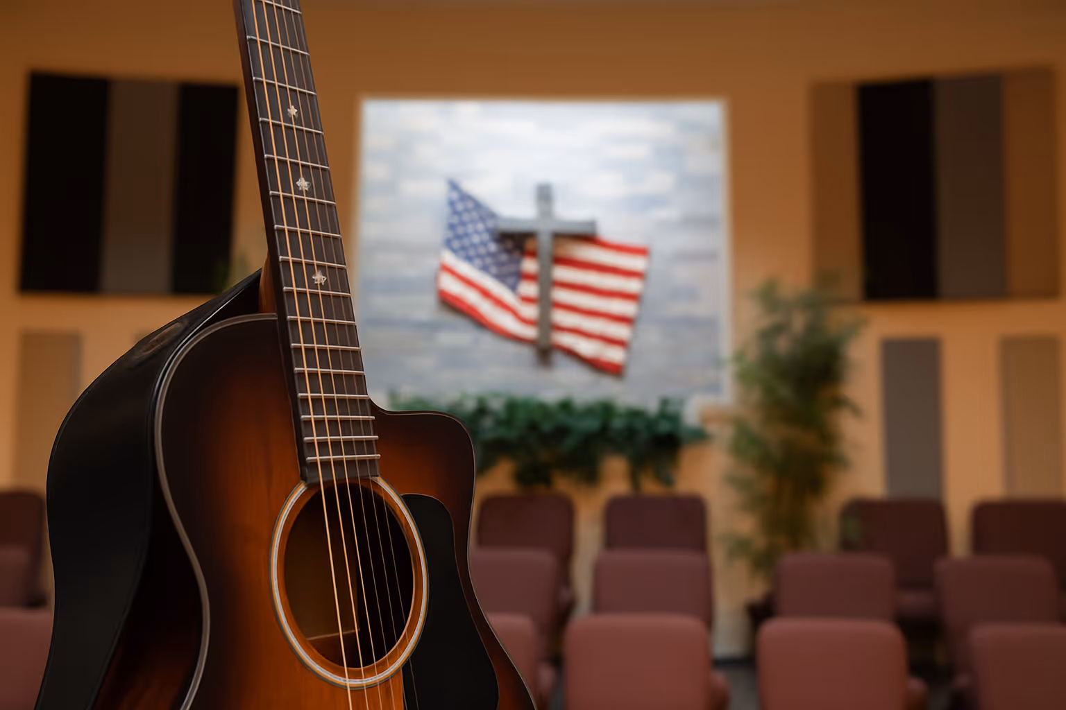 Musicians leading worship with instruments at Colonial Oaks Baptist Church, celebrating faith through heartfelt music.