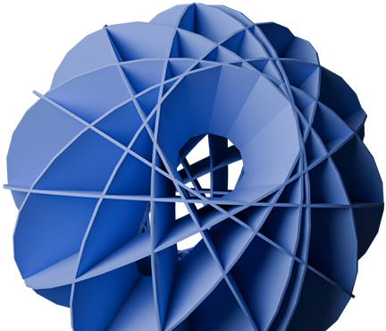 A three-dimensional graphic of a spiral shape composed of layered blue segments. The design features intersecting lines that create a geometric pattern, giving the impression of depth and movement.