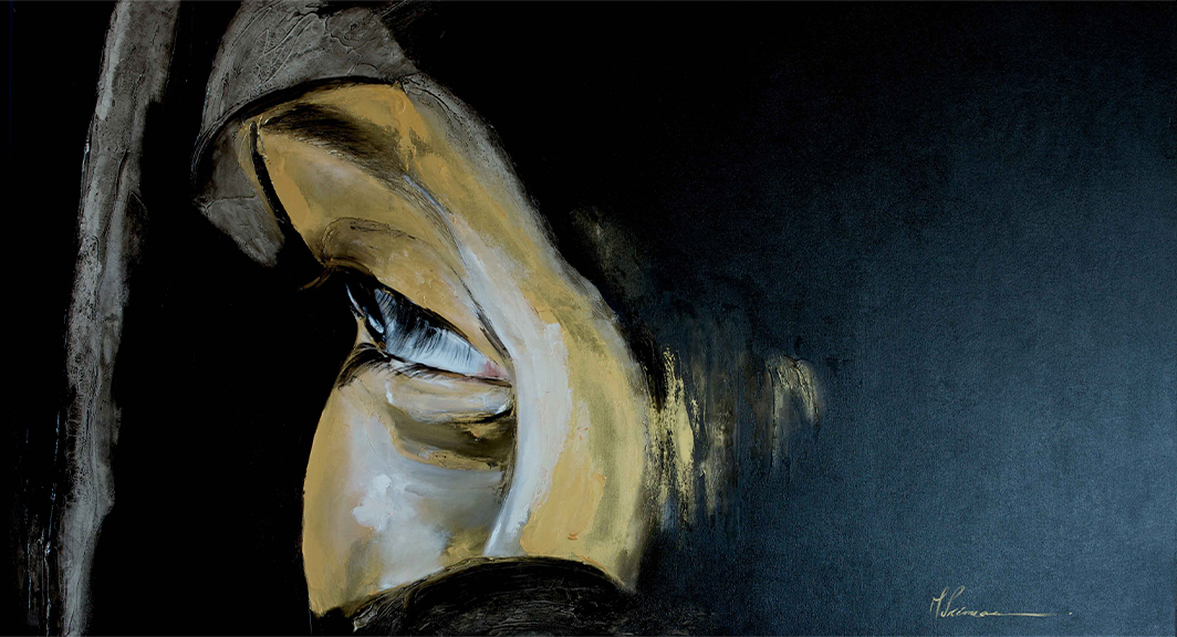 Abstract artwork by Marie-Josée Primeau depicting an eye against a black and blue background.
