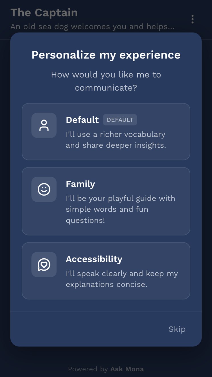 The agent asks the visitor how they would like it to communicate: default, family or accessibility