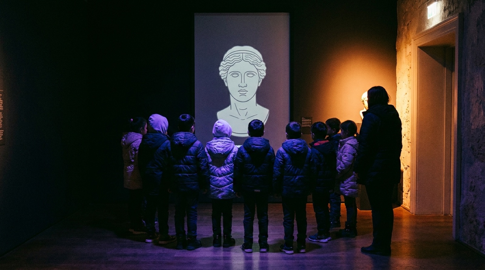 A school group standing in a dark museum room in front of a large lit screen showing a classical head