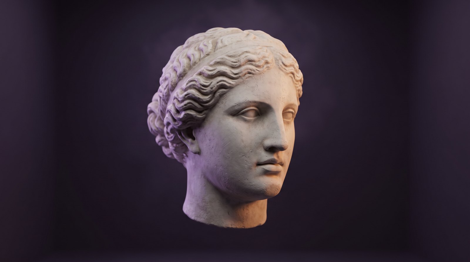 A classical sculpted head, lit in the Ask Mona colours