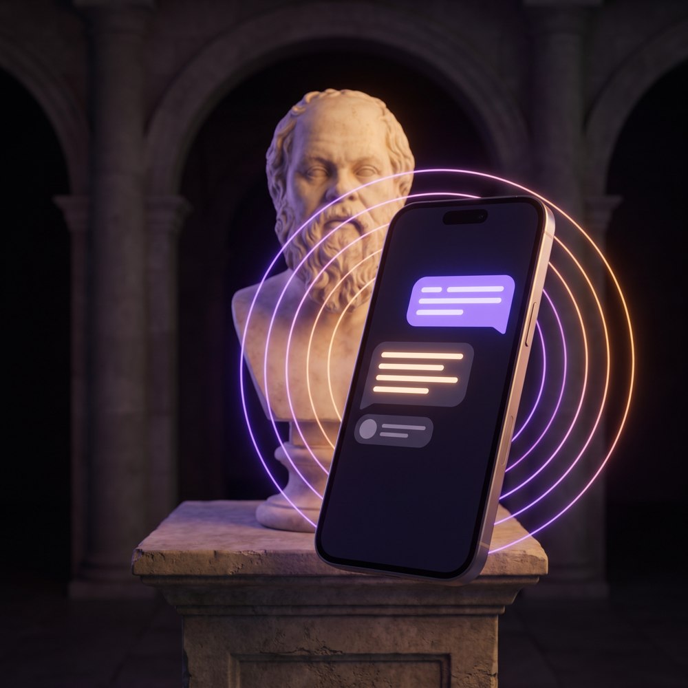 A phone in front of a marble bust, the sculpture answering aloud