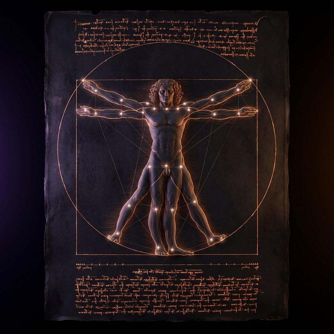 Leonardo's study of human proportion, its ink glowing, a network of light connecting the joints