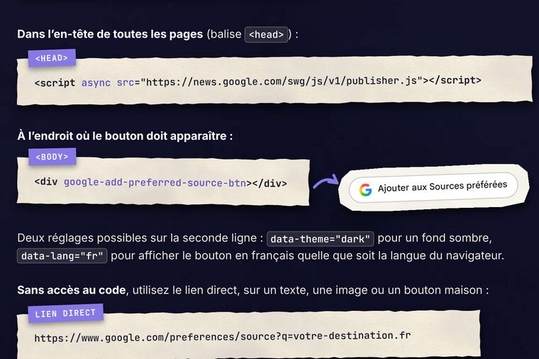 Page du guide : les deux lignes de code du bouton et le lien direct