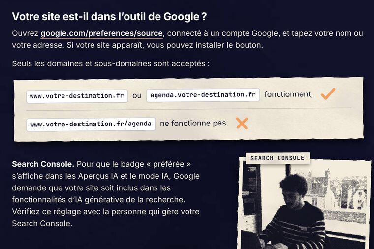 Page du guide : vérifier que son site est dans l’outil de Google