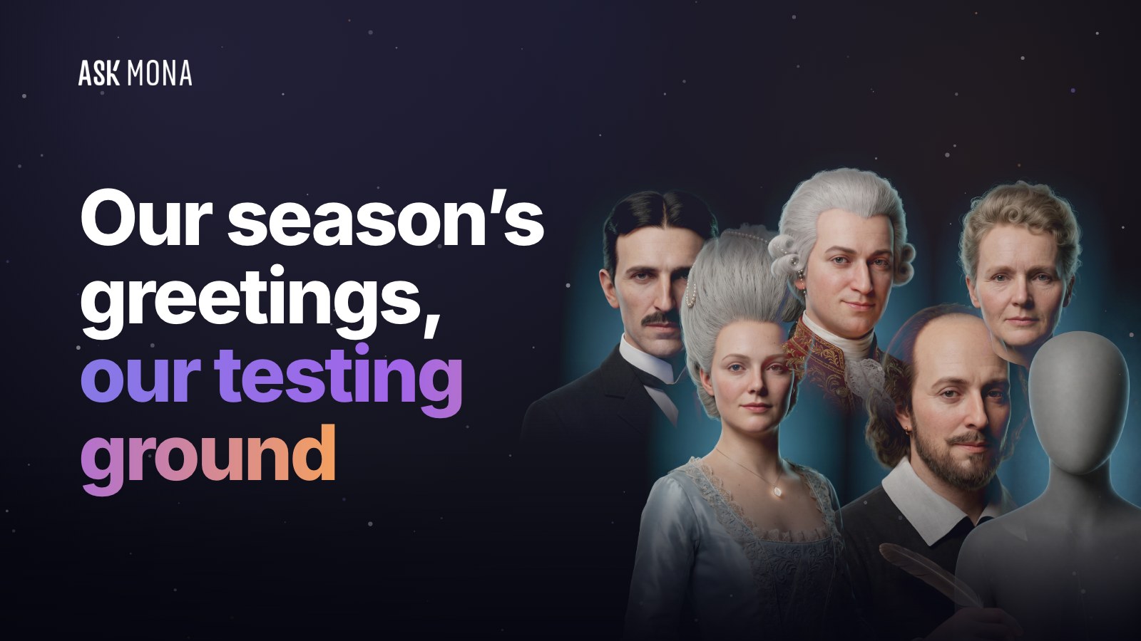 Our holiday greetings, our testing ground: the five suggested characters and a grey silhouette for any character of your choice