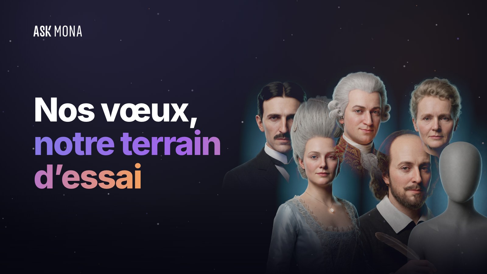 Nos vœux, notre terrain d’essai : les cinq personnages proposés et une silhouette grise pour le personnage de votre choix
