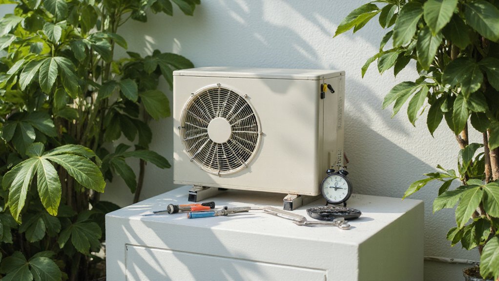 Homeowner checking HVAC air filter and outdoor unit for proper airflow