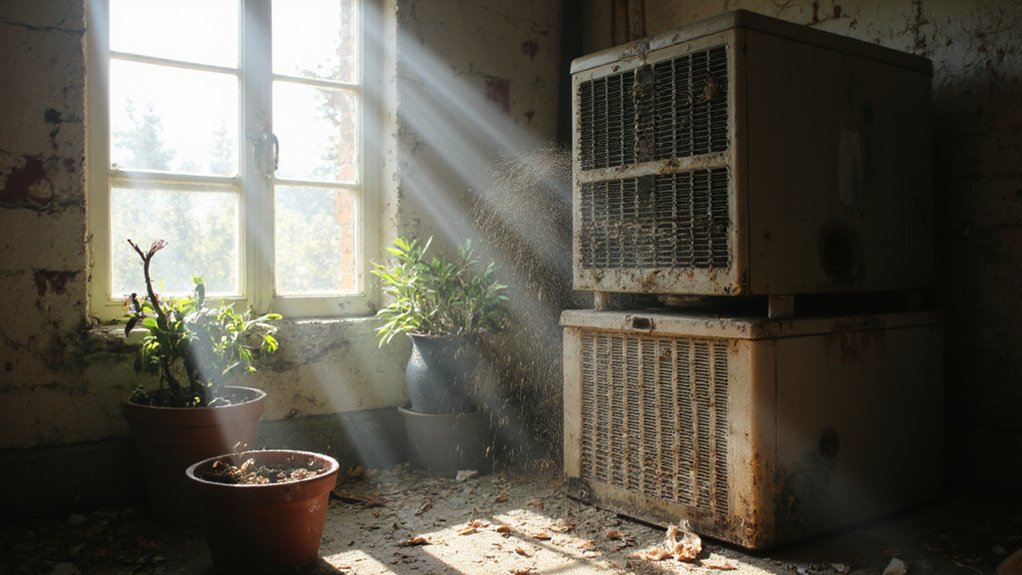 Dirty HVAC system reducing indoor air quality with dust and allergens