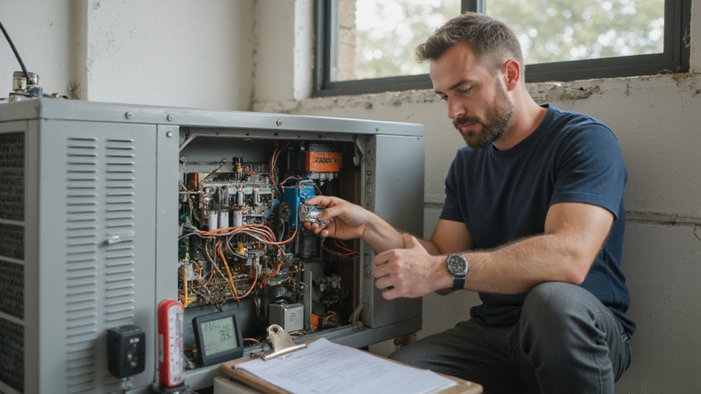 HVAC technician inspecting system to decide repair or replacement