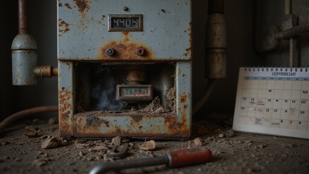 Old residential heating system showing signs of age and wear